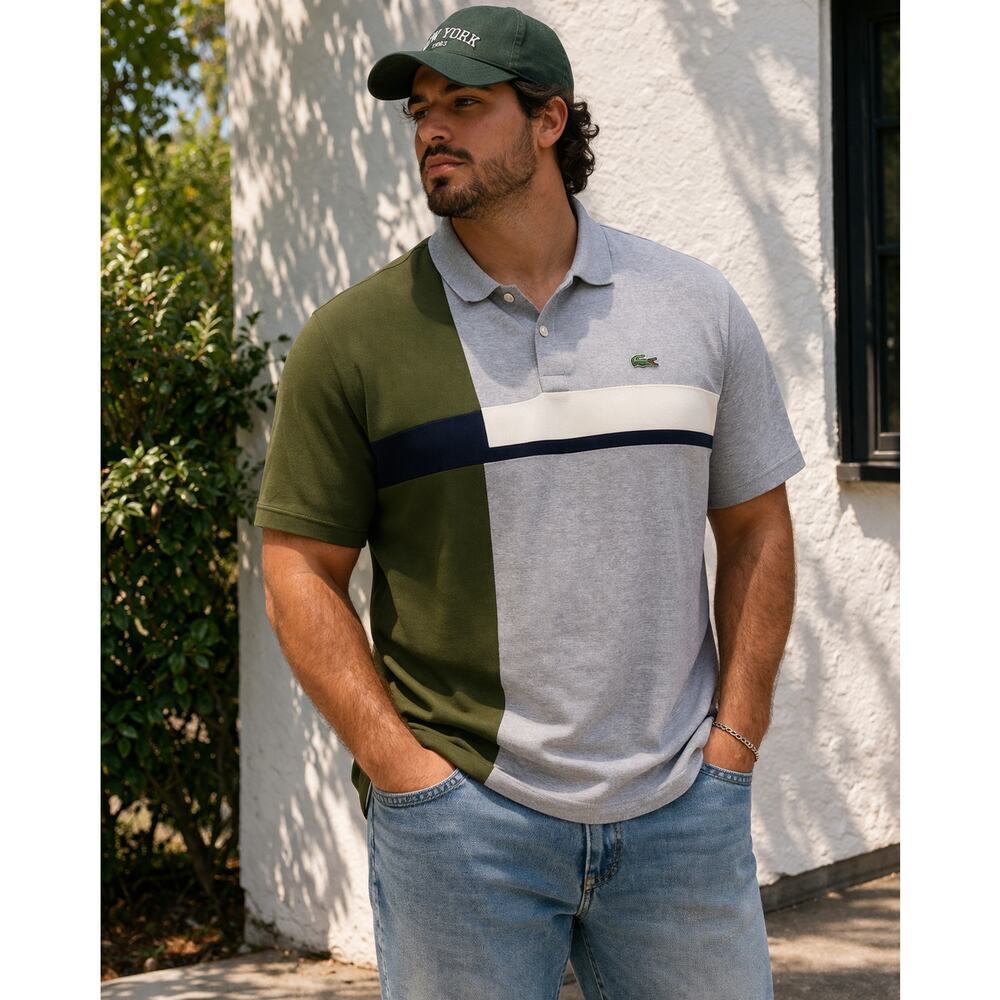 Lacoste Slim Fit Colorblock Polo Shirt – Size XXL – Gray/Olive/White – Tunisia